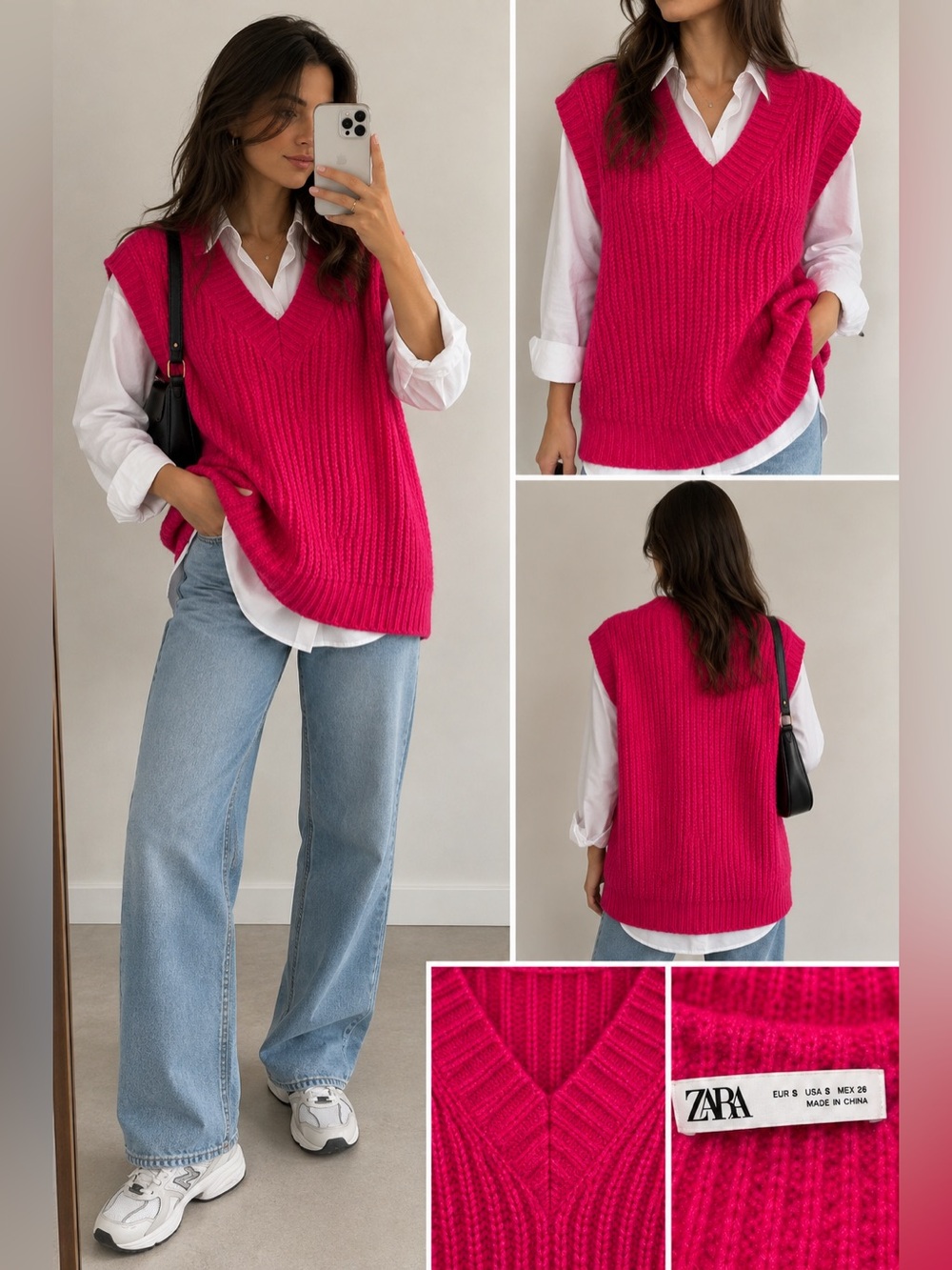 ZARA Fuchsia Chunky Knit Oversized V-Neck Sweater Vest